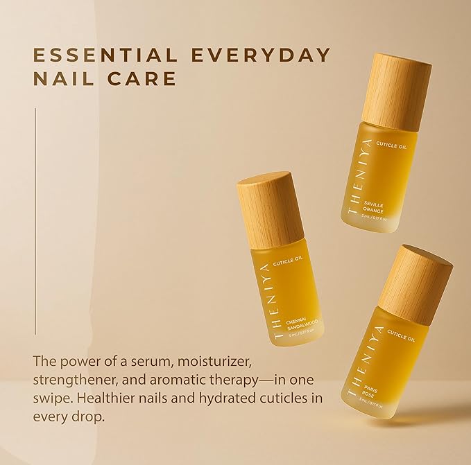 Theniya Cuticle Oil for Nail Strengthening and Growth – Hydrating, Vegan, Organic Formula with Jojoba & Vitamin E | 3 Signature Fragrances | 5mL Roll-On (0.17 Fl Oz, Sandalwood Fragrance)