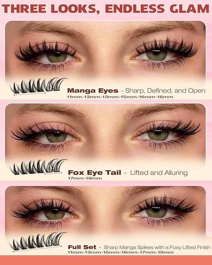 Geeneiya Manga Lash Clusters Wispy Cat Eye Lash Clusters 11–19mm Fox Eye Cluster Eyelash Extensions Left & Right DIY Lash Extension C Curl Eyelash Clusters Pre Mapped Cluster Lashes Wet Look