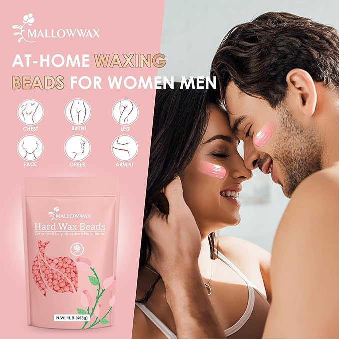 Mallowwax Hard Wax Beads, 1LB Pink Rose Wax Beans for Hair Removal, Waxing Beads Refill for Sensitive Skin, Perfect for Facial, Brazilian, Upper lip, Cheeks and Bikini Waxing at Home for Women Men