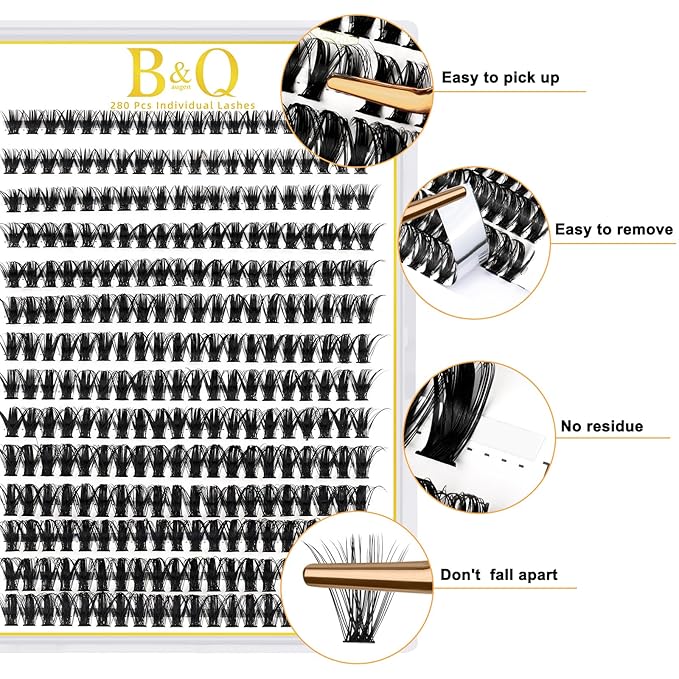 B&Q Lash Clusters 280PCS Natural Eyelash Clusters 50D D 18mm Individual Lash Wispy Eyelash Extension with Soft Thin Band Classic Look Pestañas Postizas Comfortable DIY at Home(50D-D-18mm)