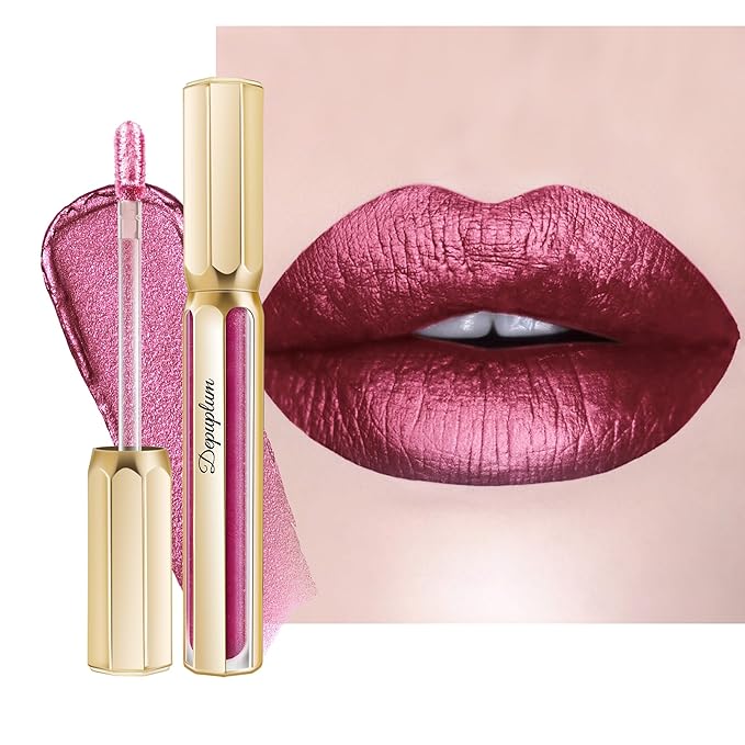 Depuplum Burgundy Lipsticks for Women Metallic Lipstick Long Lasting Non Stick Cup Lip Gloss, Shimmer Lightweight Hydrating Full Coverage Lip Color, DP107 Wild Girl