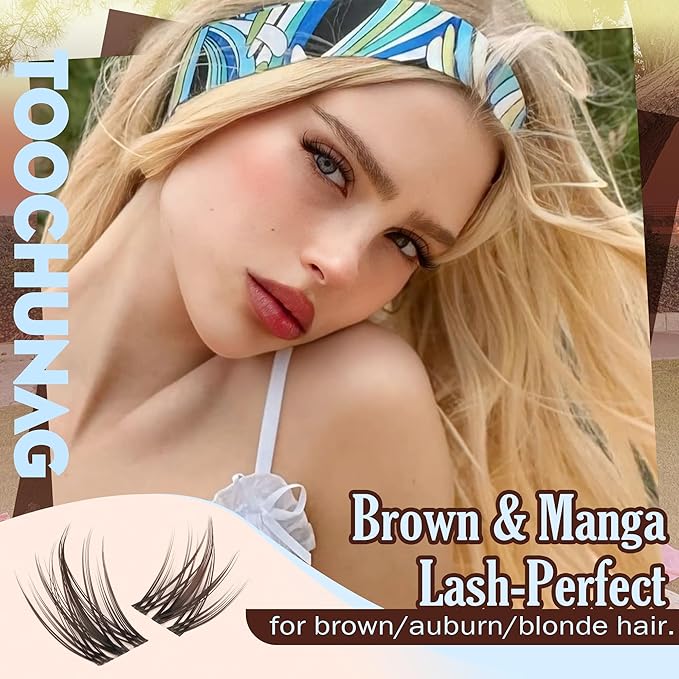 Brown Lash Clusters Manga Cluster Eyelash Extensions Dark Brown Eyelash Clusters Spiky C-Curly Cluster Lashes 10-16mm DIY Lash Extension 120pcs Individual lashes with Clear Band by TOOCHUNAG