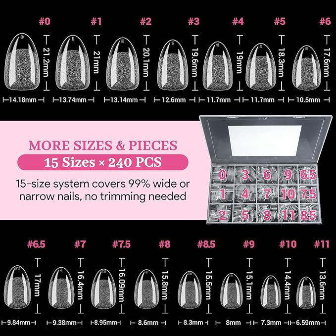 Qiek Short Almond Nail Tips - 15 Sizes 240 PCS Half Matte Full Cover Clear Fake Nails Pre-shaped Press On False Nail Tips Acrylic Soft Nail Gel Tips No C Curve Extension Manicure Home DIY Gelly Tips