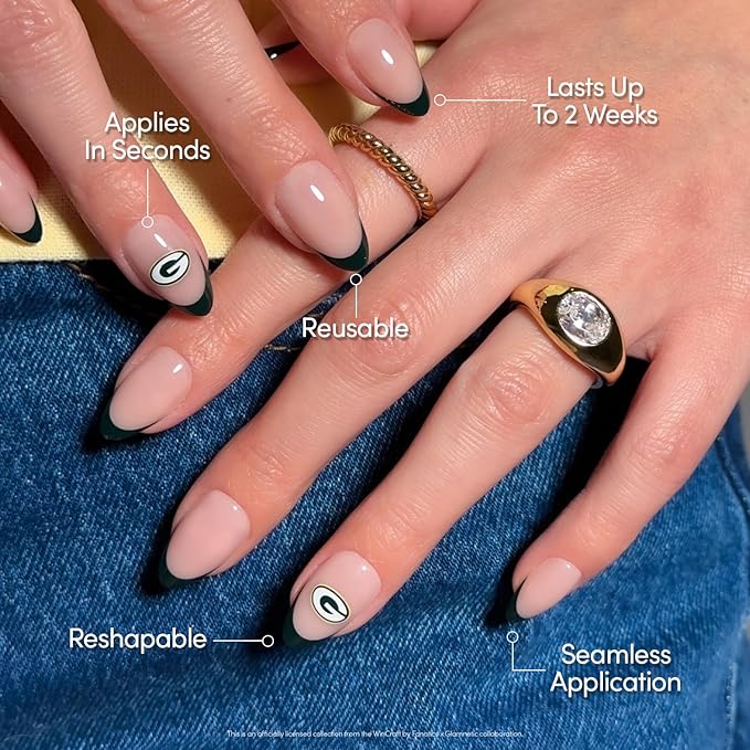 Glamnetic x Fanatics Press On Nails - Green Bay Packers | Short Almond Fake Nails, NFL Packers Green French Tips, Football Nails, Salon-Quality | 15 Sizes - 30 Nail Kit with Glue
