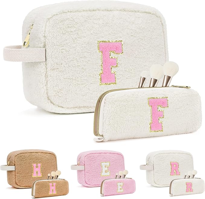 for Valentines Day Gifts, Travel Makeup Bag for Women, Initial Make Up Bag Set for 6 7 8 9 10 11 12 13 Years Old Kids Tween Girls, Large Cosmetic Skincare Bags for Birthday Gifts, White F