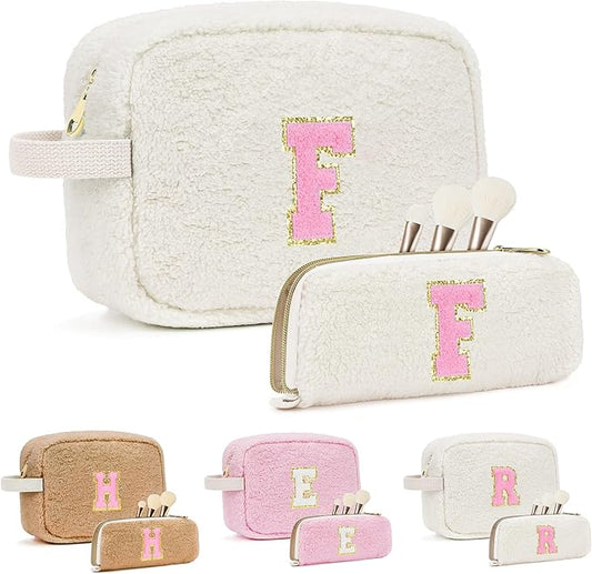 for Valentines Day Gifts, Travel Makeup Bag for Women, Initial Make Up Bag Set for 6 7 8 9 10 11 12 13 Years Old Kids Tween Girls, Large Cosmetic Skincare Bags for Birthday Gifts, White F