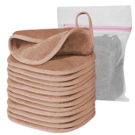 Natwag Makeup Remover Cloth, 6" x 6" Make Up Towels Reusable Face Cloth for Washing Face, Makeup Remover Pads Microfiber Face Washcloth with Mesh Bag, Just Water, 12 Pack, Light Brown