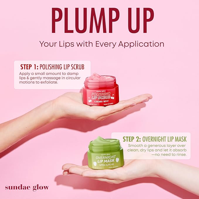Sundae Glow Lip Mask & Scrub – Apple, Pear, Cherry & Mint – Hydrates, Exfoliates, Softens, Repairs Dry & Chapped Lips – Dermatologist Tested, Korean Skin Care – Vegan, Clean Beauty – Duo Pack