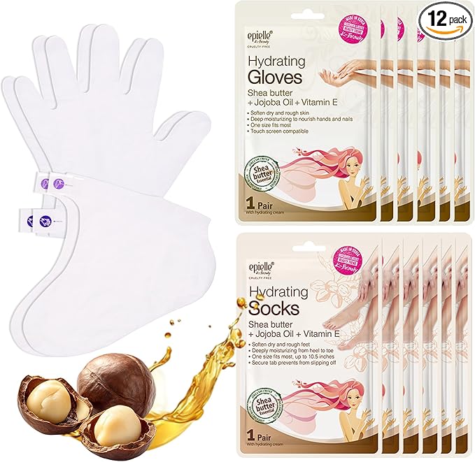 Epielle Hydrating Hand & Foot Masks, Relieve and Soften for Dry, Overworked Skin, Self Care Gifts for Women, Spa Kit, Stocking Stuffers, 6 Moisturizing Gloves & 6 Moisturizing Socks