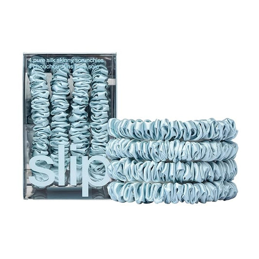 slip Skinny Scrunchies: Anti-Crease, Anti-Breakage Slipsilk™ Design Protects Delicate Hair | Includes 4 Pure Silk Scrunchies: Sky Blue