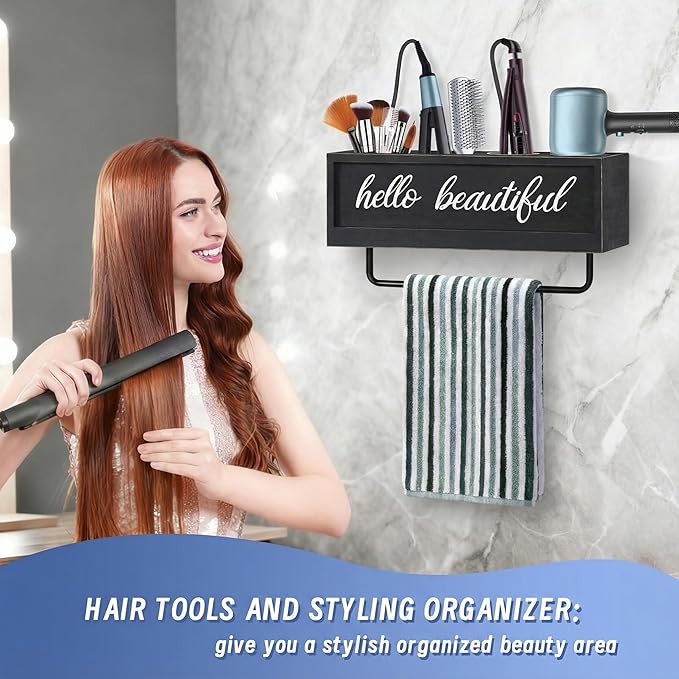 Hair Dryer Holder Wall Mounted, Hair Tools and Styling Organizer with Towel Bar, Farmhouse Beauty Hair Appliance Holder for Flat Iron, Curling Wand, Towel Rack (Black)