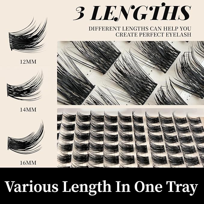 eyelash extension set 【 Kiby 】 DIY 192 eyelash cluster extension set, including eyelash glue and sealant, equipped with eyelash tweezers, suitable for self-service (curl D 12-16mm set)