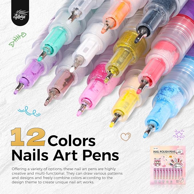 GELLAKTIK 12 Colors Nail Art Pens Set, 0.5mm Fine Tip Nail Art Markers Polish Pen for 3D Nail Art, Quick-Drying Acrylic Paint MarkerPen Drawing Painting Liner Brush for DIY Nail Art Manicure Tool