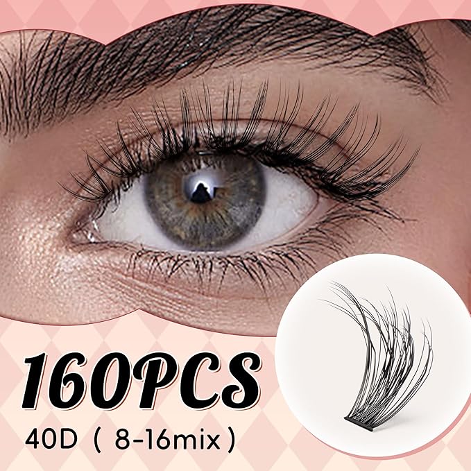 VYRILA Lash Clusters 0.05mm PBT Fiber Eyelash Clusters, 0.3mm Superfine Soft Band C Curl Diy Lash Extension, 160pcs 8-16mm Individual Lashes Clusters Like Eyelash Extensions (40P-C-8-16Mix)