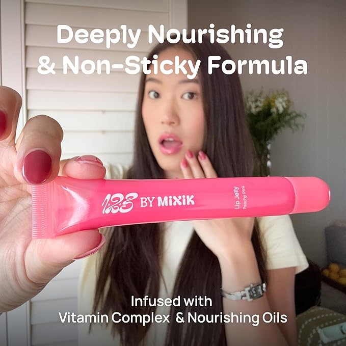 MIXIK 123 Lip Jelly, Sheer Glossy Lip Gloss with Vitamin 10 Complex & Nourishing Oils, Hydrating, Vegan, Cruelty-Free, Non-Sticky Jelly Lip Stain, 0.3 fl oz (9ml) (Peach Pink)