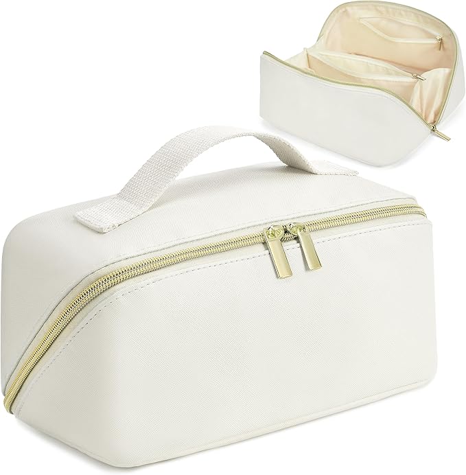 for Valentines Day Gifts, Makeup Bag for Women, PU Leather Travel Toiletry Bags, Initial Make Up Cosmetic Pouch for Teen Girls, Wide Open Portable Skincare Bag, Personalized Birthday Gifts, White