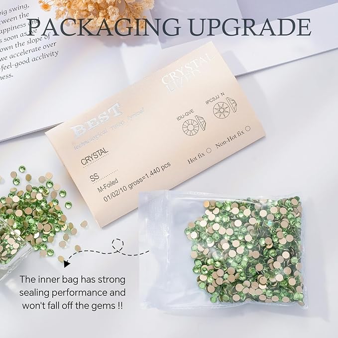 Meibite Light Green Flatback Rhinestones, Glass Rhinestones for Nail Art and Craft, Glue Fix, Loose Crystal Gemstones(Lt.Green, SS16, 1440pcs, 3.8-4.0mm)