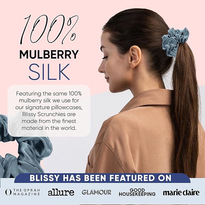 Blissy Silk Scrunchies (3 Pack) - 100% Pure Mulberry Silk - 22 Momme 6A High-Grade Fibers Scrunchie for Straight & Curly Hair - Preventing Breakage, Tangling, & Creasing (Ash Blue Regular)