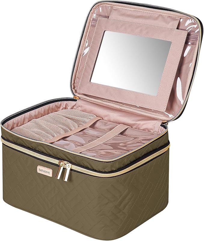 BAFAMYE 8.8L Double Layer Travel Makeup Bag With Mirror For Women, Large Cosmetic Case, Organizer for Travel-Size Accessories Bottles, Brushes,and Skin Care Products, 2.33 GAL, Brown…