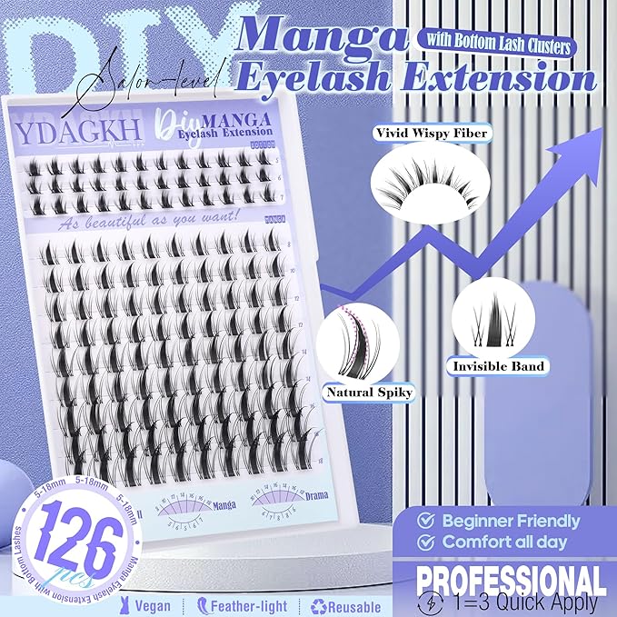 Fairy Lash Clusters Natural Spikes Eyelash Clusters Manga Cluster Eyelash Extensions Invisible Band DIY Spiky Individuals Lashes 8-18mm Wispy Anime Lash Extension with Bottom Lashes 126PCS