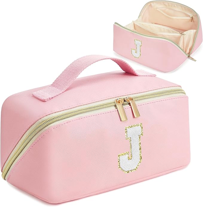 for Valentines Day Gifts, Makeup Bag for Women, PU Leather Travel Toiletry Bags, Initial Make Up Cosmetic Pouch for Teen Girls, Wide Open Portable Skincare Bag, Personalized Birthday Gifts, Pink J