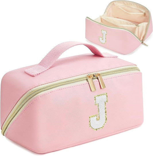 for Valentines Day Gifts, Makeup Bag for Women, PU Leather Travel Toiletry Bags, Initial Make Up Cosmetic Pouch for Teen Girls, Wide Open Portable Skincare Bag, Personalized Birthday Gifts, Pink J