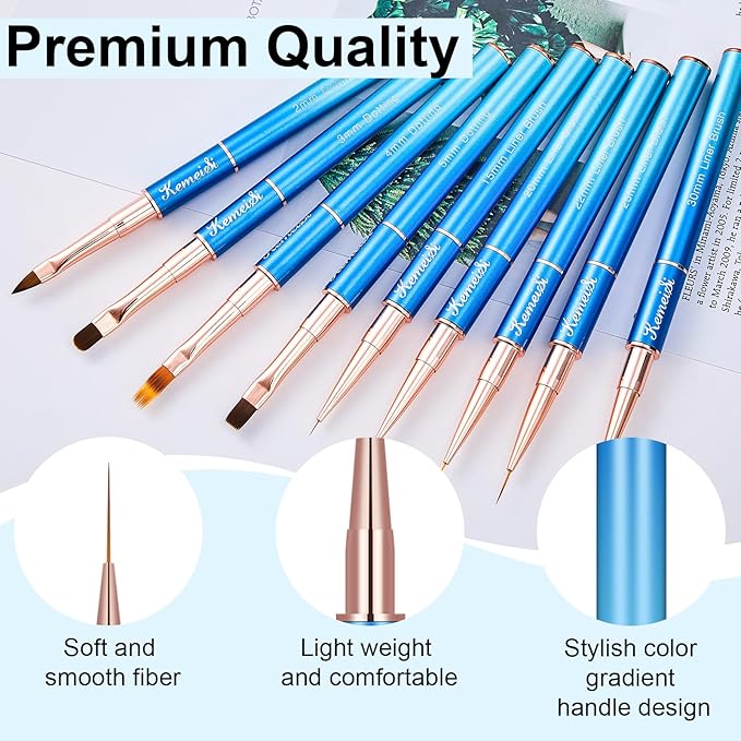 KEMEISI Nail Art Brush Set, 9PCS Double-Ended Acrylic Liner Brush Dotting Pen for Gel Polish, Nail Design Tools for Professional Manicure DIY Home Salon