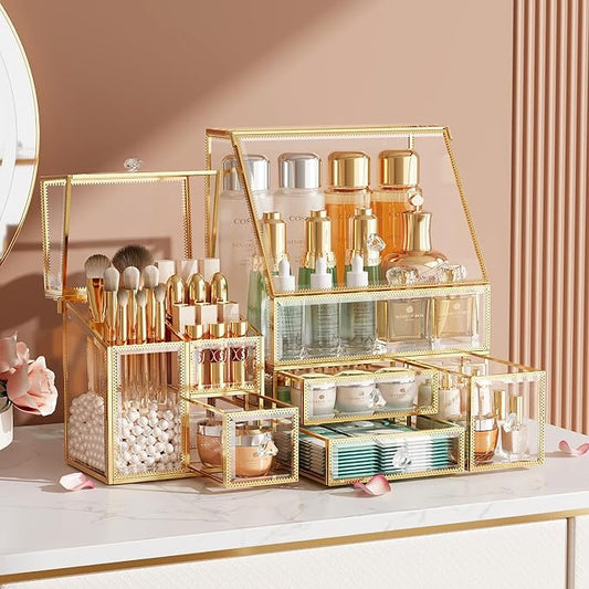 Clear Makeup Organizer with Gold Frame – Countertop Vanity Organizer for Skincare, Lipsticks, Perfume & Brushes – Bathroom Cosmetic Storage Display Box