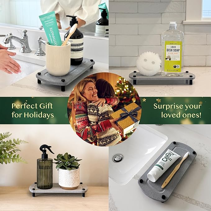 2PCS Water Absorbing Stone Soap Tray for Kitchen Bathroom Sink, Quick Dry Diatomaceous Earth Drying Rack and Shower Caddy, Soap Dispenser and Sponge Holder Organizer for Countertop