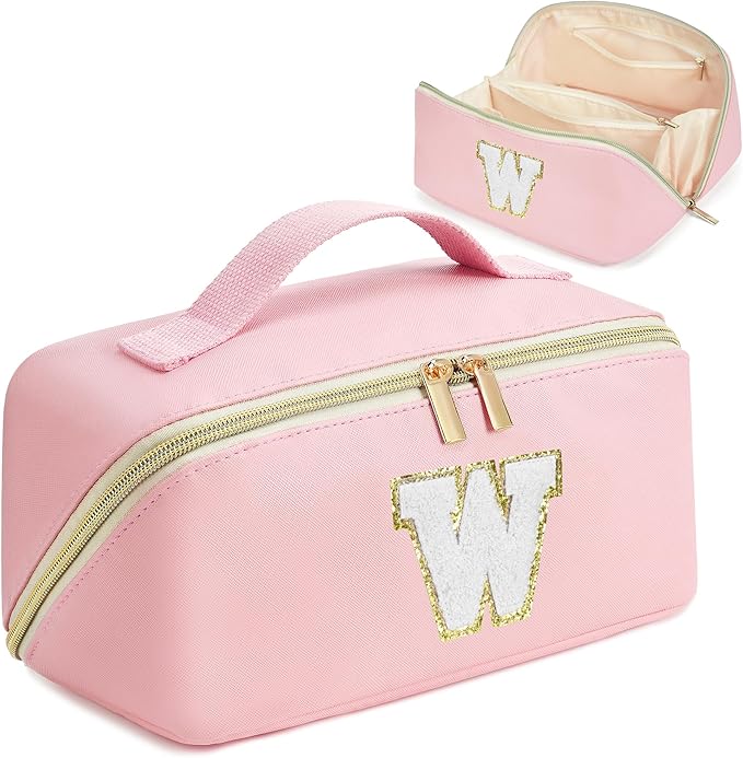 for Valentines Day Gifts, Makeup Bag for Women, PU Leather Travel Toiletry Bags, Initial Make Up Cosmetic Pouch for Teen Girls, Wide Open Portable Skincare Bag, Personalized Birthday Gifts, Pink W