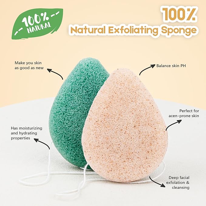 Konjac Exfoliating Organic Cleansing Facial Sponges Set - Natural Walnut Charcoal Konjac Face Scrubbers Sponge for Body Exfoliator Skincare Makeup Removal, Safe for Oily Dry Combination Sensitive Skin
