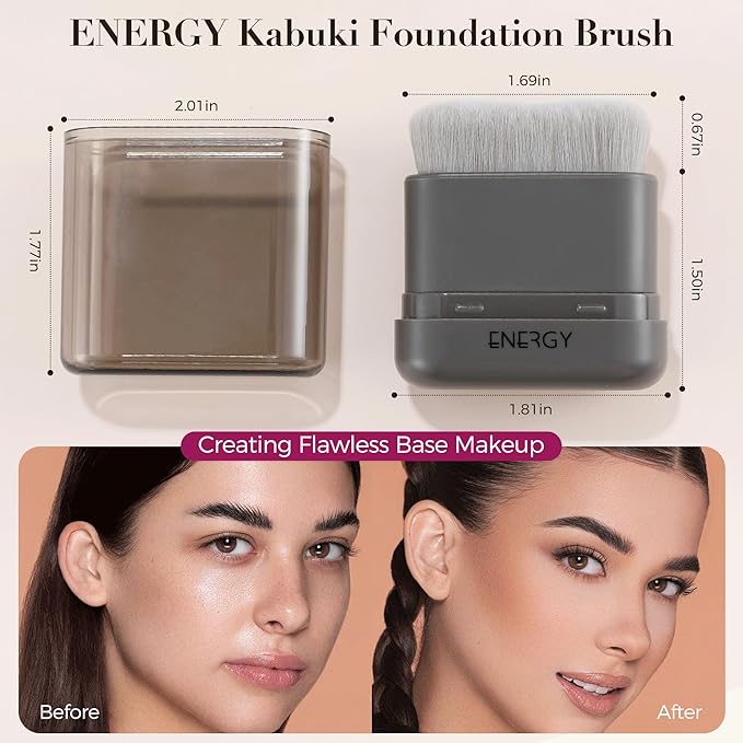 ENERGY Kabuki Foundation Brush with Cover – Adjustable Head, Small Travel Makeup Brush for Cream, Liquid, Powder, Bronzer or Highlight, Face Contour Brushes for Easy Blending, Self Tanner Mini
