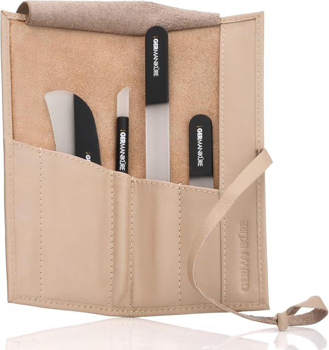 GERMANIKURE Black Crystal Glass Nail File Set in Beige Leather Case – Handmade in Czech Republic – Professional Manicure & Pedicure Supplies – Glass Cuticle Stick, Pusher, Moon File