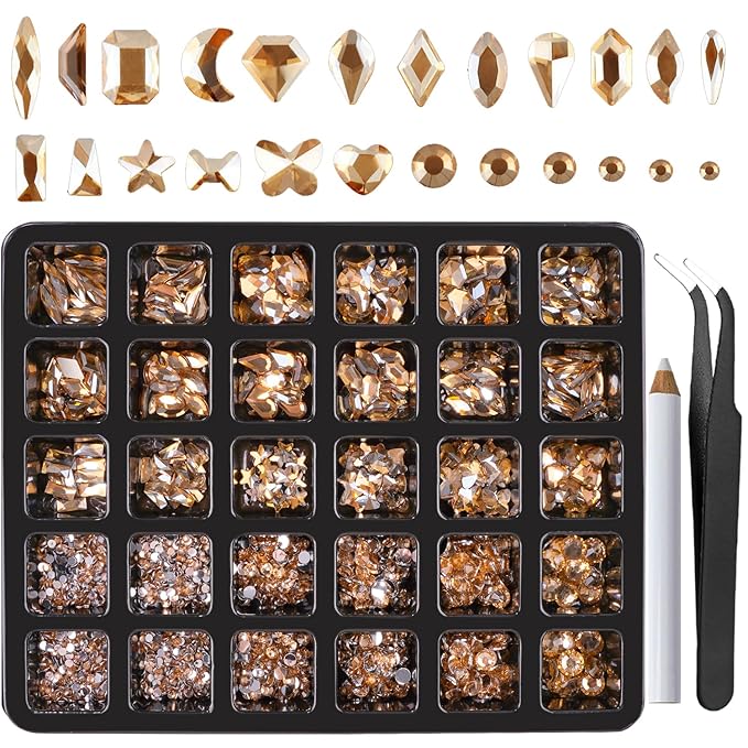 Canvalite 2900Pcs Champagne Rhinestones for Nails, 18 Styles Multi Shape Nail Charms and Gems Shiny Glass Crystal Flatback Nail Rhinestones Set for Nail Art with Rhinestone Picker and Tweezers