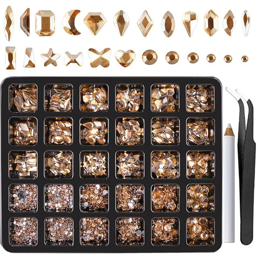 Canvalite 2900Pcs Champagne Rhinestones for Nails, 18 Styles Multi Shape Nail Charms and Gems Shiny Glass Crystal Flatback Nail Rhinestones Set for Nail Art with Rhinestone Picker and Tweezers