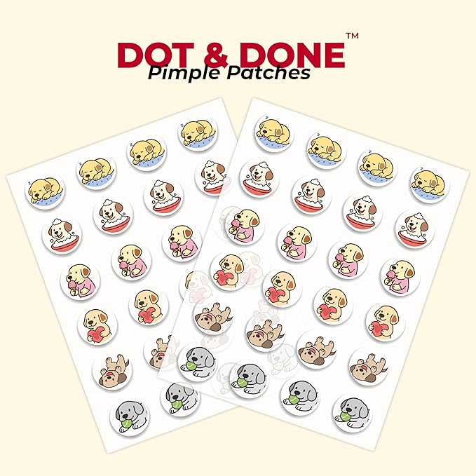 DOT & DONE Hydrocolloid Pimple Patches for Face, 48 Count 12 mm Round Acne Spot Dots with 6 Cute Dog Designs, Cute Pimple Patches for Teens & Adults, Day & Night Use, Buddy Dot Series