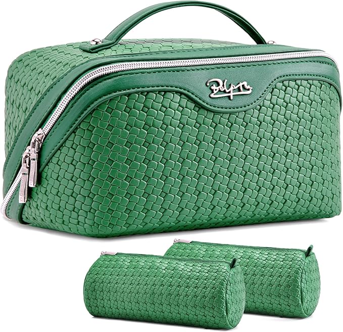 BOYATU Travel Makeup Bag Cosmetic Bags for Women: Large Capacity 3 Pcs Set Make up Bag with Compartments - Waterproof Vegan Leather Toiletry Organizer Bags with Handle (L12 Green)