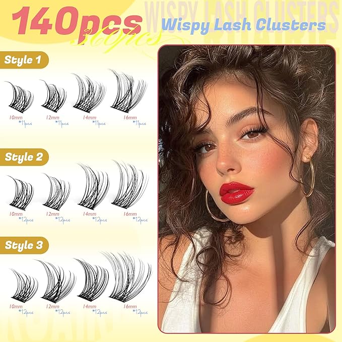 Ruairie Natural Lash Clusters Wispy Eyelash Clusters 3 Styles 10-16MM Cluster Eyelash Extensions CD Curly Individual Lashes 140pcs DIY Lash Extensions with Soft Thin Band