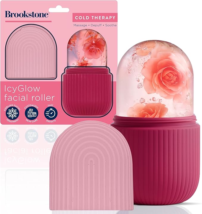 Brookstone IcyGlow Facial Rollers with Rose - Ice Roller for Face, Neck & Under Eyes - Cold Therapy Massager for Puffiness, Redness & Skincare Routine - Soothing Ice Face Roller for Cooling