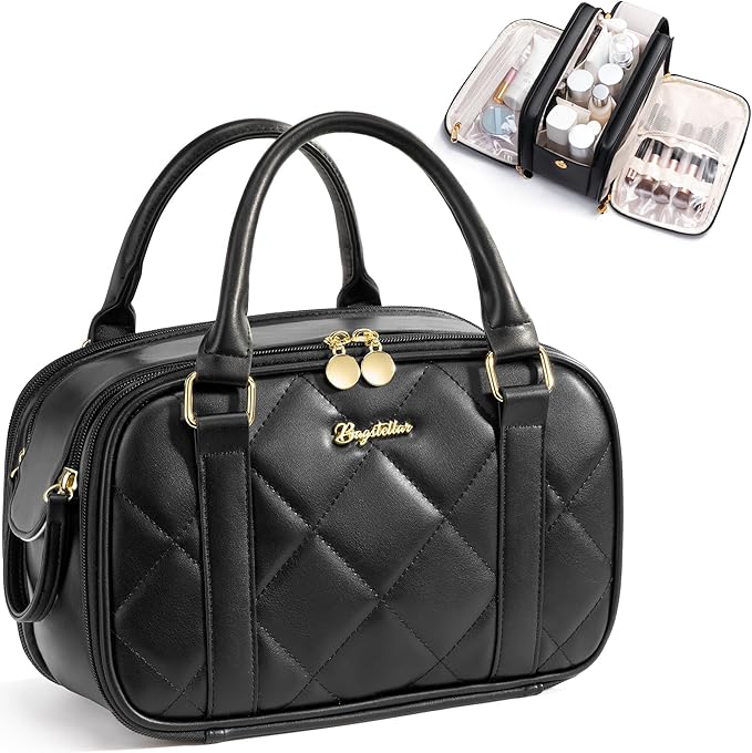 Bagstellar Travel Makeup Bag, Large Capacity Quilted Toiletry Bags for Women, Wide-open Cosmetic Bags Make Up Case Organizer Portable Pouch with Handle & Brush Holder for Traveling Accessories, Black