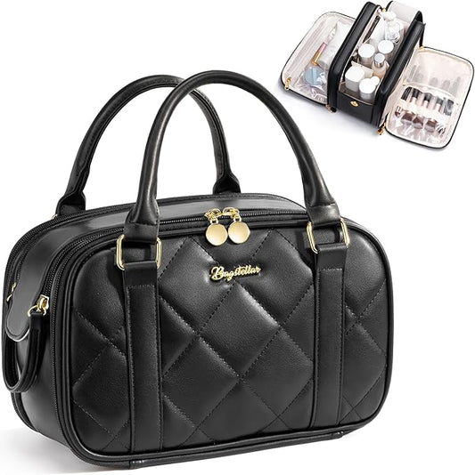 Bagstellar Travel Makeup Bag, Large Capacity Quilted Toiletry Bags for Women, Wide-open Cosmetic Bags Make Up Case Organizer Portable Pouch with Handle & Brush Holder for Traveling Accessories, Black