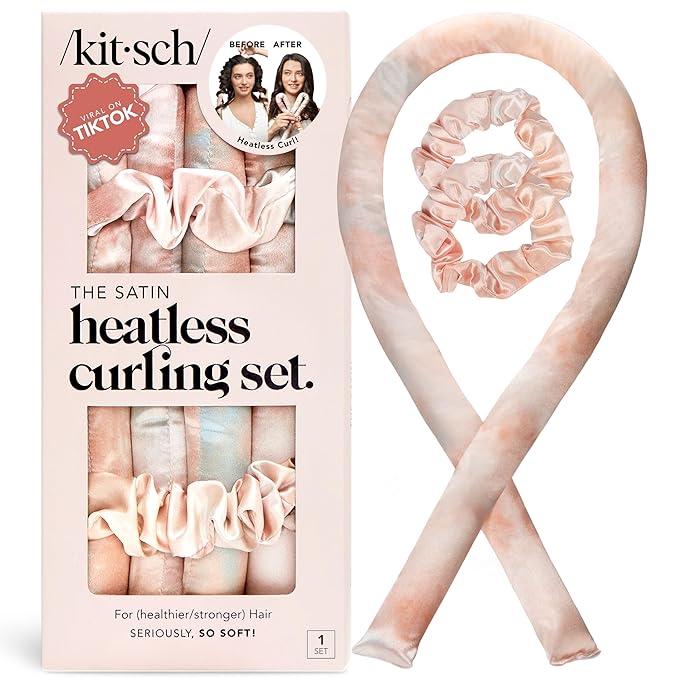 Kitsch Satin Heatless Curling Set – Heatless Curls Overnight with 34" Hair Curler & 2 Satin Scrunchies – Comfortable Hair Curlers to Sleep In for Frizz-Free, No Heat Damage Styling - Sunset Tie Dye