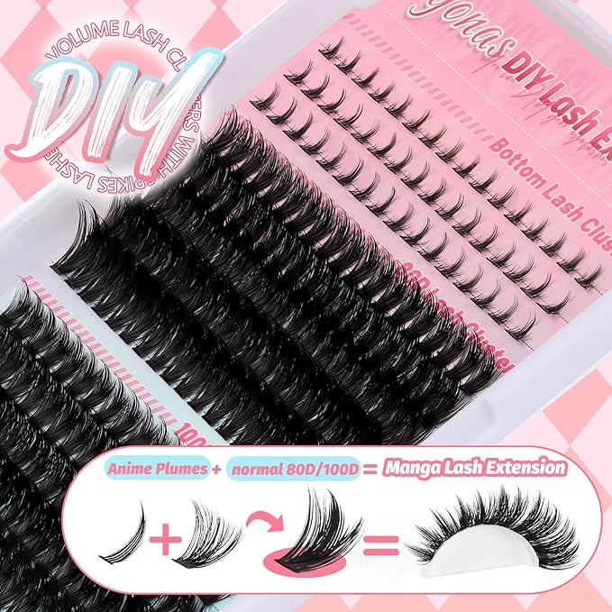 Fyonas Lash Clusters 80D+100D Manga Cluster Eyelashes 12-20mm Spiky Volume Individual Lashes with Natural Bottom Lashes DIY Fluffy Eyelash Extensions 233Pcs Fairy Lash Clusters (Mix03)