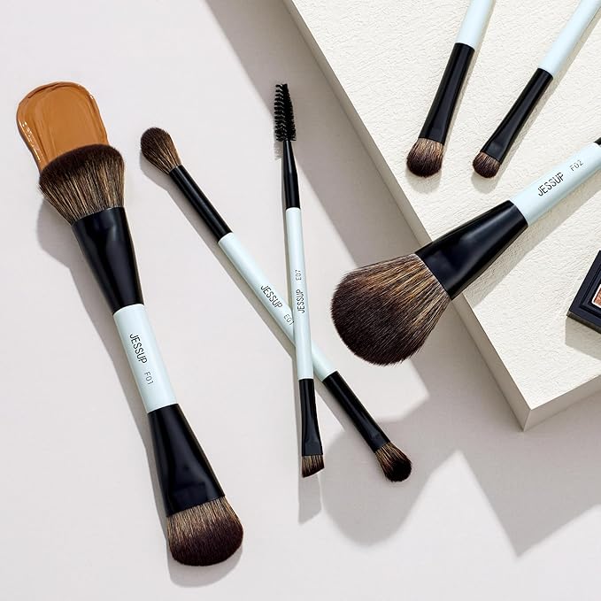 Jessup Makeup Brush Set 6pcs Double Sided Makeup Brushes Foundation Contour Blush Highlight Blending Eyebrow Brush Eyeshadow Brush, Vegan Fiber Make up Brush Bright Cyan T501