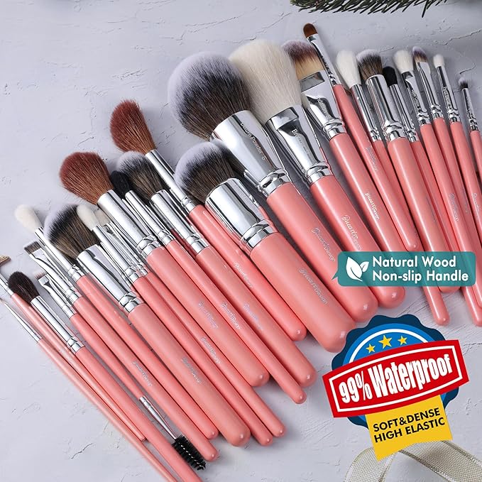 Bueart Design Makeup Brushes Set 26pcs Real Natural Goat Hair Professional labeled Foundation Face Blending Blush Concealers Eyeshadow Brush Set(26Pcs Pearl Pink)