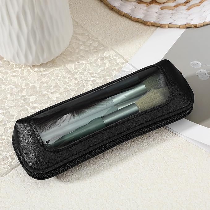 Sibba Small Clear Makeup Bag Travel Makeup Bag PU Leather Make up Brush Case Clear Cosmetic Bags Make up Organizer Zipper Pouch for Women Home Travel Office Cosmetic Storage (Black)