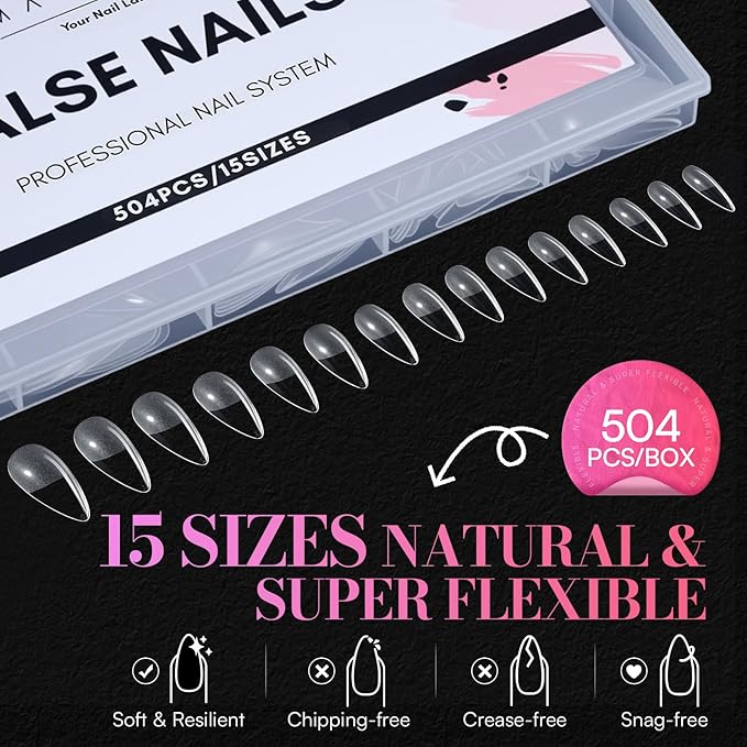 Makartt Long Stiletto Almond Nail Tips: Clear, 504 PCS, 15 Sizes, Half Matte, French Fake Nails Stiletto Shapes - Pre-Etched Full Cover Soft Acrylic Press On Nails Extension DIY Art Salon
