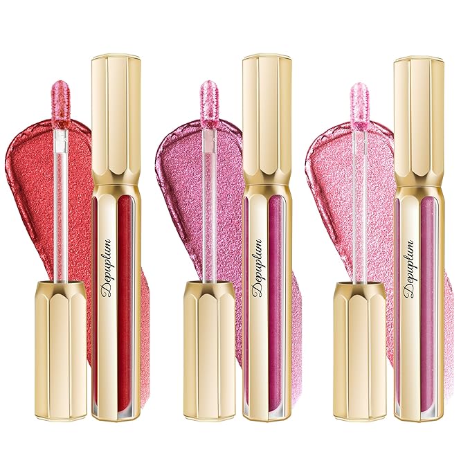 Depuplum 3Pc Lipsticks Set for Women Metallic Lipstick Long Lasting Dark Red Burgundy Pink Lip Gloss, Metal Shine Lightweight Hydrating Full Coverage Lip Color, DP104/107/108