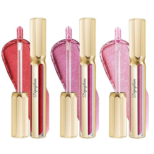 Depuplum 3Pc Lipsticks Set for Women Metallic Lipstick Long Lasting Dark Red Burgundy Pink Lip Gloss, Metal Shine Lightweight Hydrating Full Coverage Lip Color, DP104/107/108