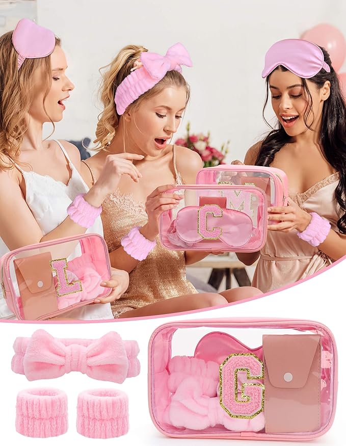 Gift Sets for Women, Initial Makeup Bag with Makeup Brush Set Bachelorette Party Favors, Pink Spa Kit with Skincare Headbands Wrist Bands Sleepover Party Supplies Gifts for Teen Girls Bridesmaid G